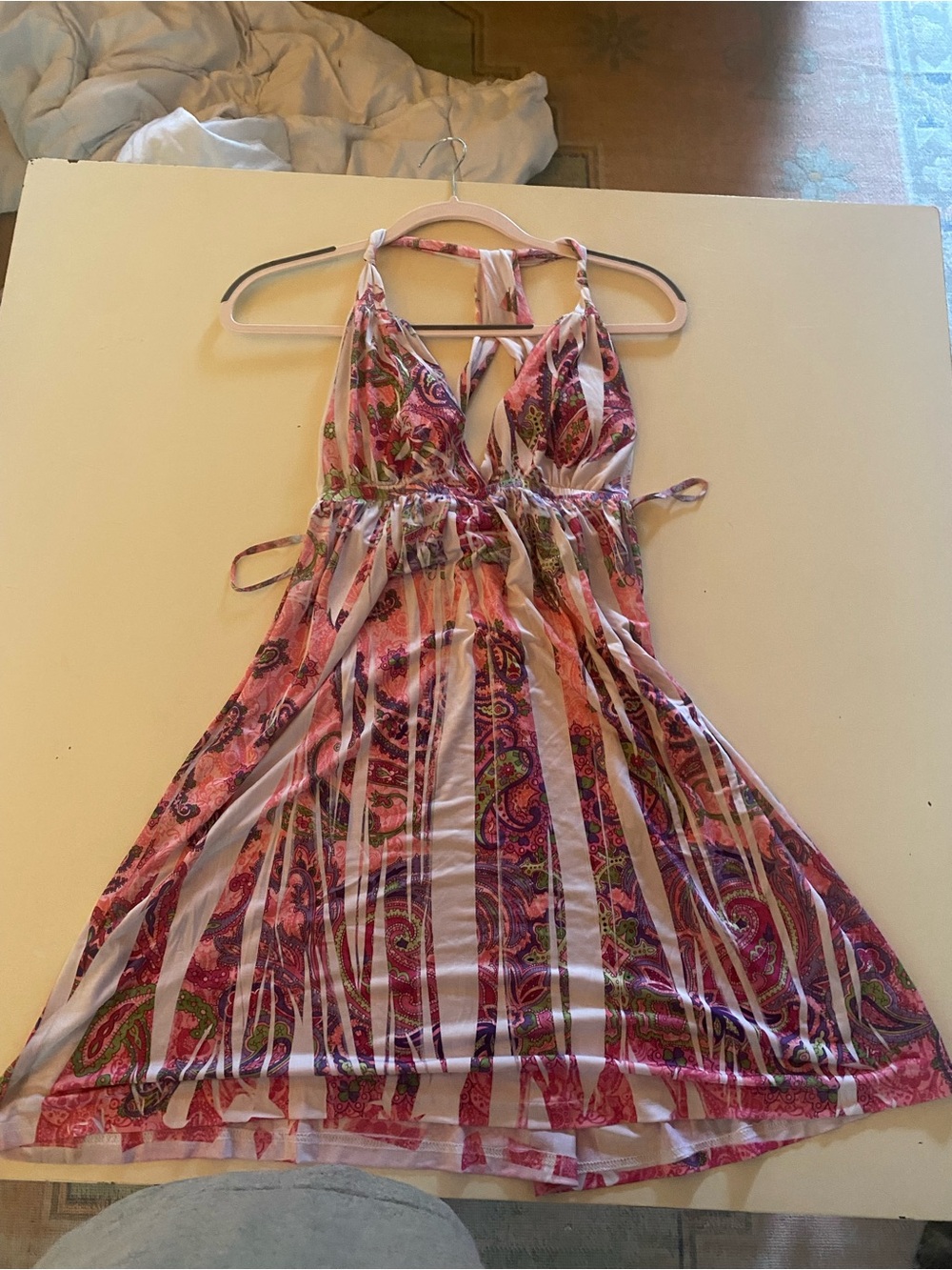 Chesley Pink Multicolor Paisley-Stripes Backless Halter Dress